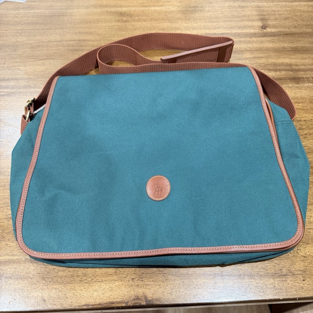Polo Ralph Lauren Messenger Bag Teal Green Canvas Brown Trim Vintage Crossbody